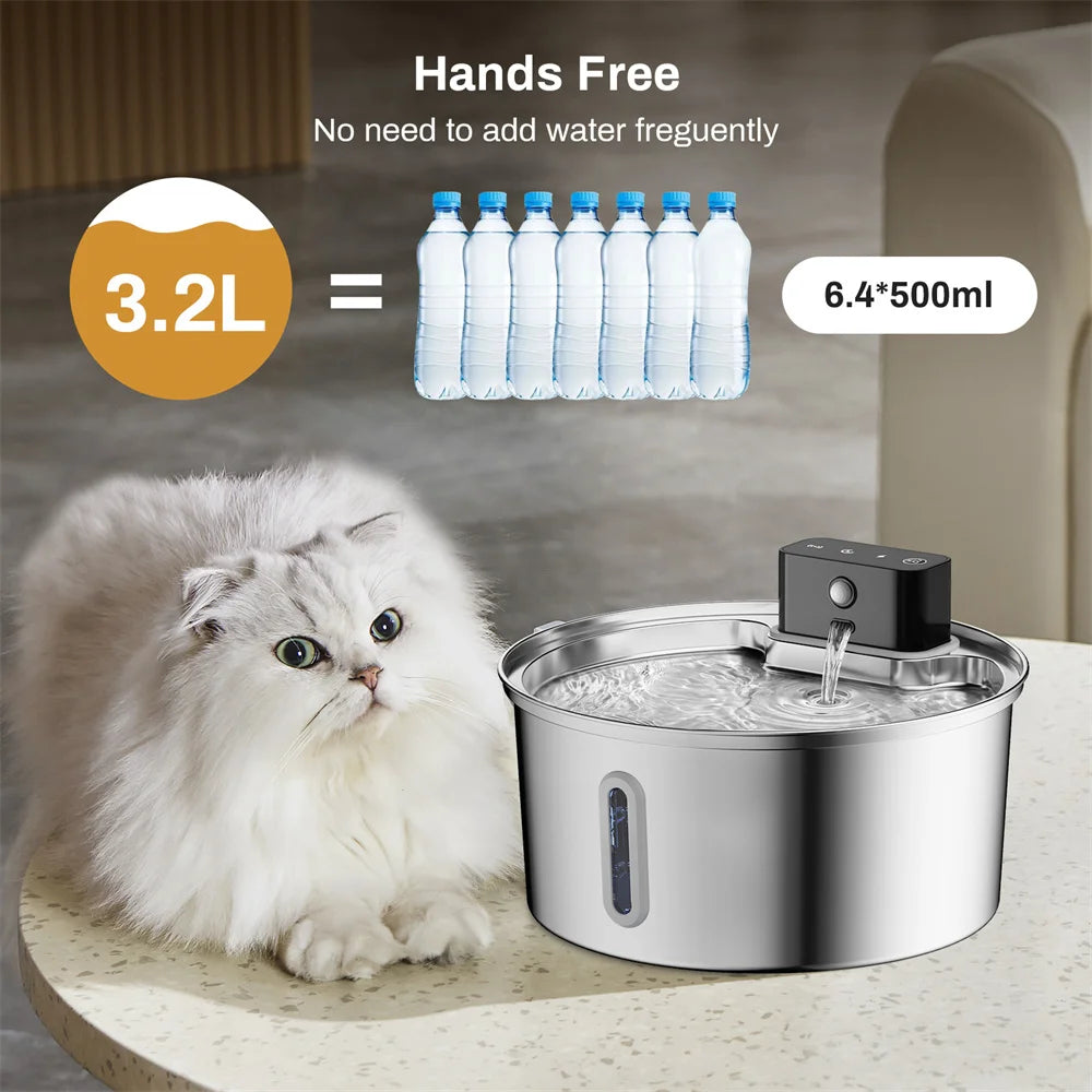 5V 3.2L/108oz Wireless Charging Sensor Cat Water Feeder Stainless Steel Cat Dog Drink Water Fountain Silent Water Level Window