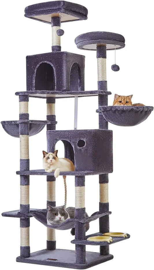 Cat Tree, 71.7-Inch Cat Tower for Indoor Cats, Plush Multi-Level Cat Condo with 13 Scratching Posts, 2 Perches, 2 Caves, Hammock