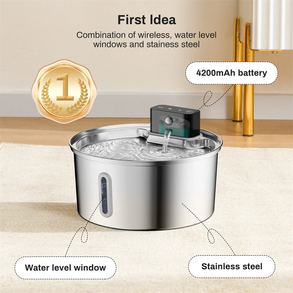 5V 3.2L/108oz Wireless Charging Sensor Cat Water Feeder Stainless Steel Cat Dog Drink Water Fountain Silent Water Level Window