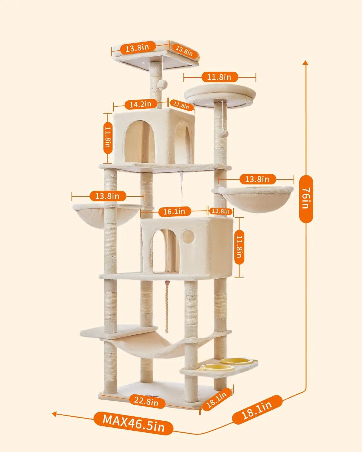 Cat Tree, 71.7-Inch Cat Tower for Indoor Cats, Plush Multi-Level Cat Condo with 13 Scratching Posts, 2 Perches, 2 Caves, Hammock