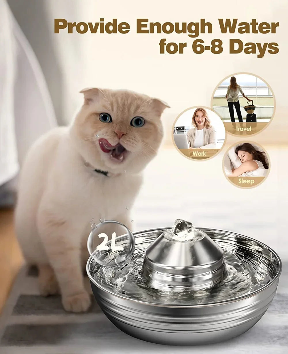 2L Stainless Steel Cat Water Fountain for Multiple Pets, Quiet, Low Noise, Dog Water Dispenser for Cats Dogs Feeder